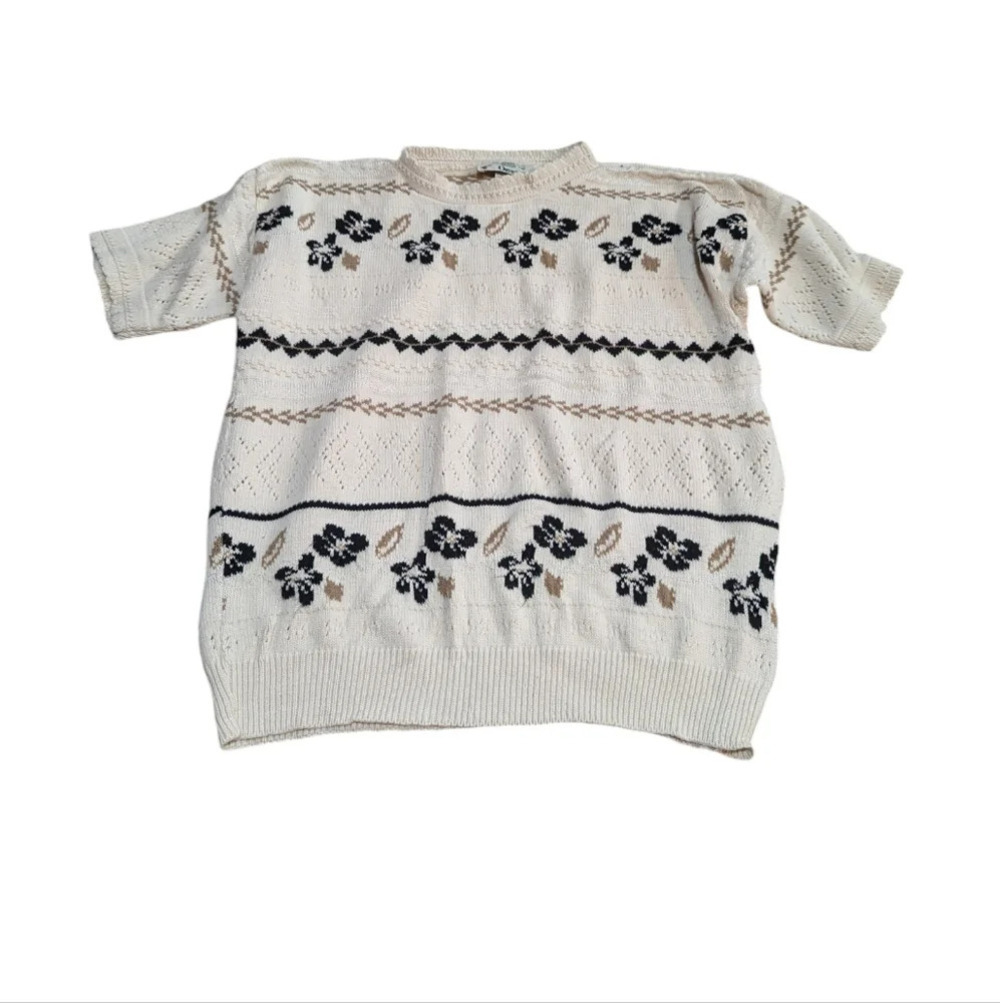 Orvis vintage knit sweater short sleeve flower print womens size Large